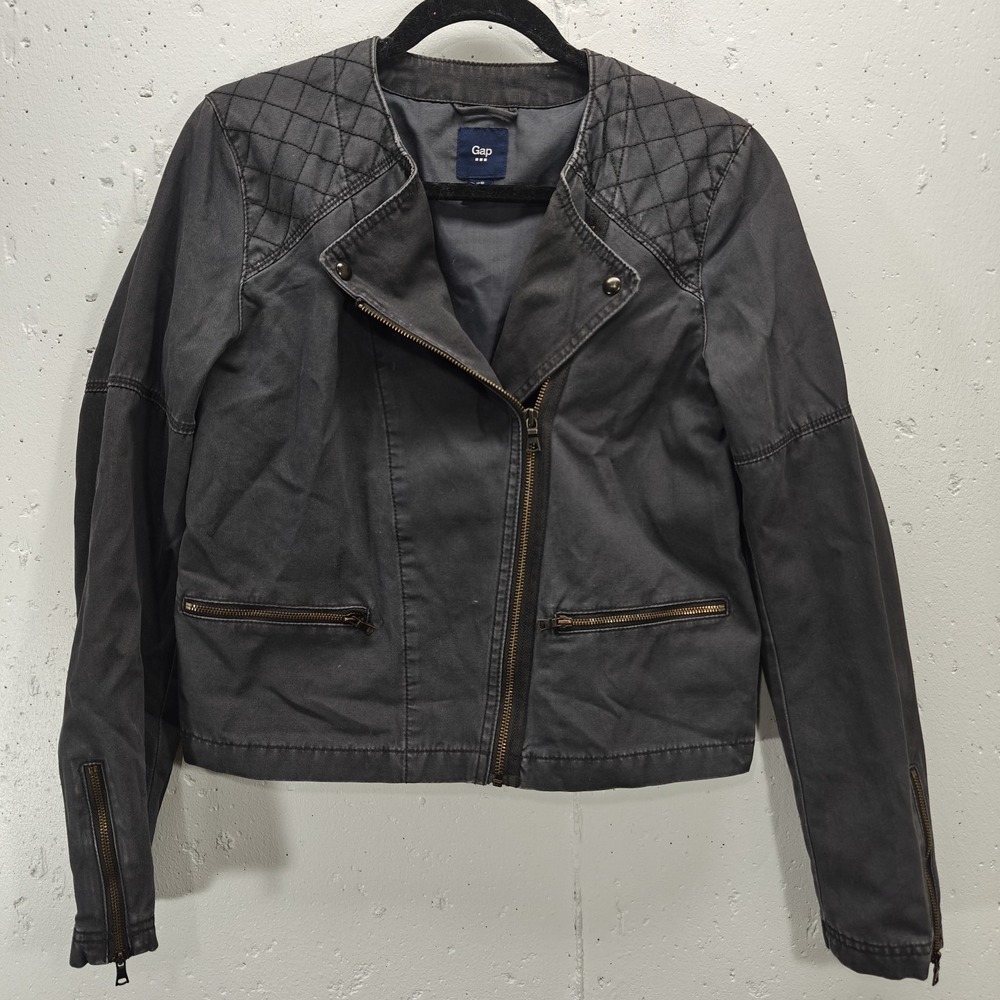 Gap Womens Black Quilted Denim Moto Bomber Jacket Size 10‎